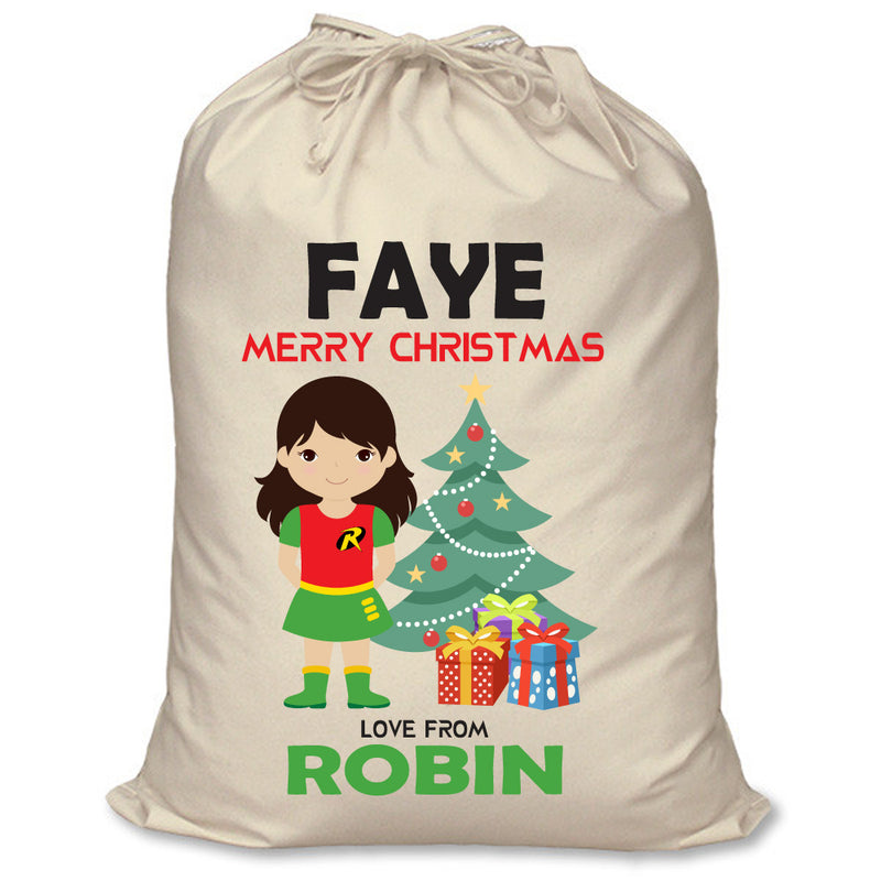 PERSONALISED Cartoon Inspired Super Hero Robin Girl FAYE - XL Children's Christmas Santa Sack CUSTOMISE Present