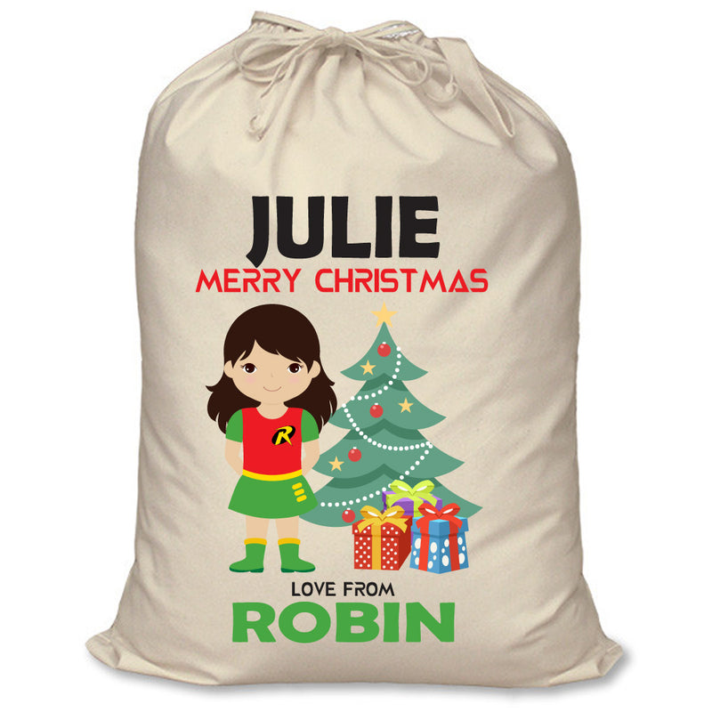 PERSONALISED Cartoon Inspired Super Hero Robin Girl JULIE - XL Children's Christmas Santa Sack CUSTOMISE Present