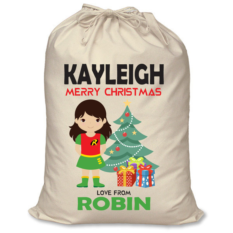 PERSONALISED Cartoon Inspired Super Hero Robin Girl KAYLEIGH - XL Children's Christmas Santa Sack CUSTOMISE Present