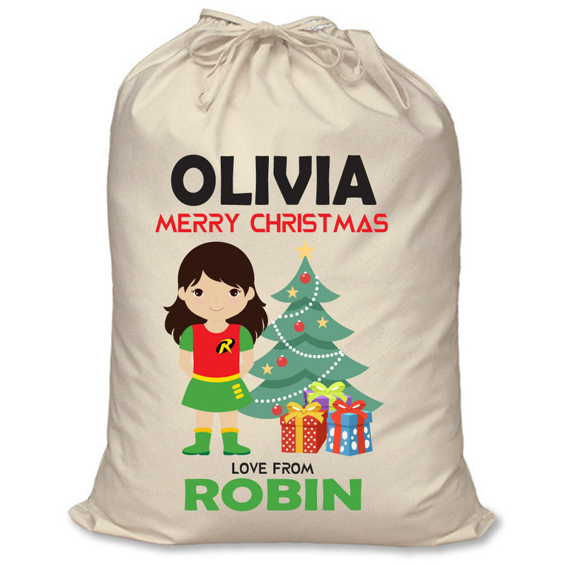 PERSONALISED Cartoon Inspired Super Hero Robin Girl OLIVIA - XL Children's Christmas Santa Sack CUSTOMISE Present