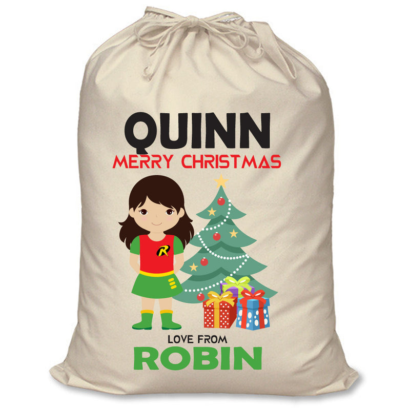 PERSONALISED Cartoon Inspired Super Hero Robin Girl QUINN - XL Children's Christmas Santa Sack CUSTOMISE Present