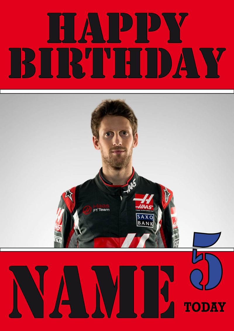 Personalised Romain Grosjean F1 THEME INSPIRED PERSONALISED Kids Adult Birthday Card