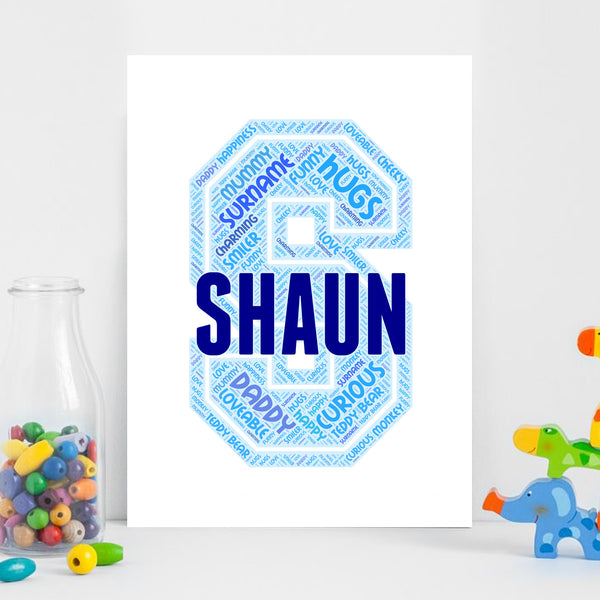 Personalised name word art print, blue letter S, print only