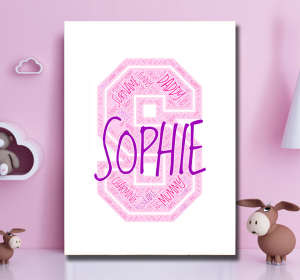Personalised name word art print, pink letter S, print only