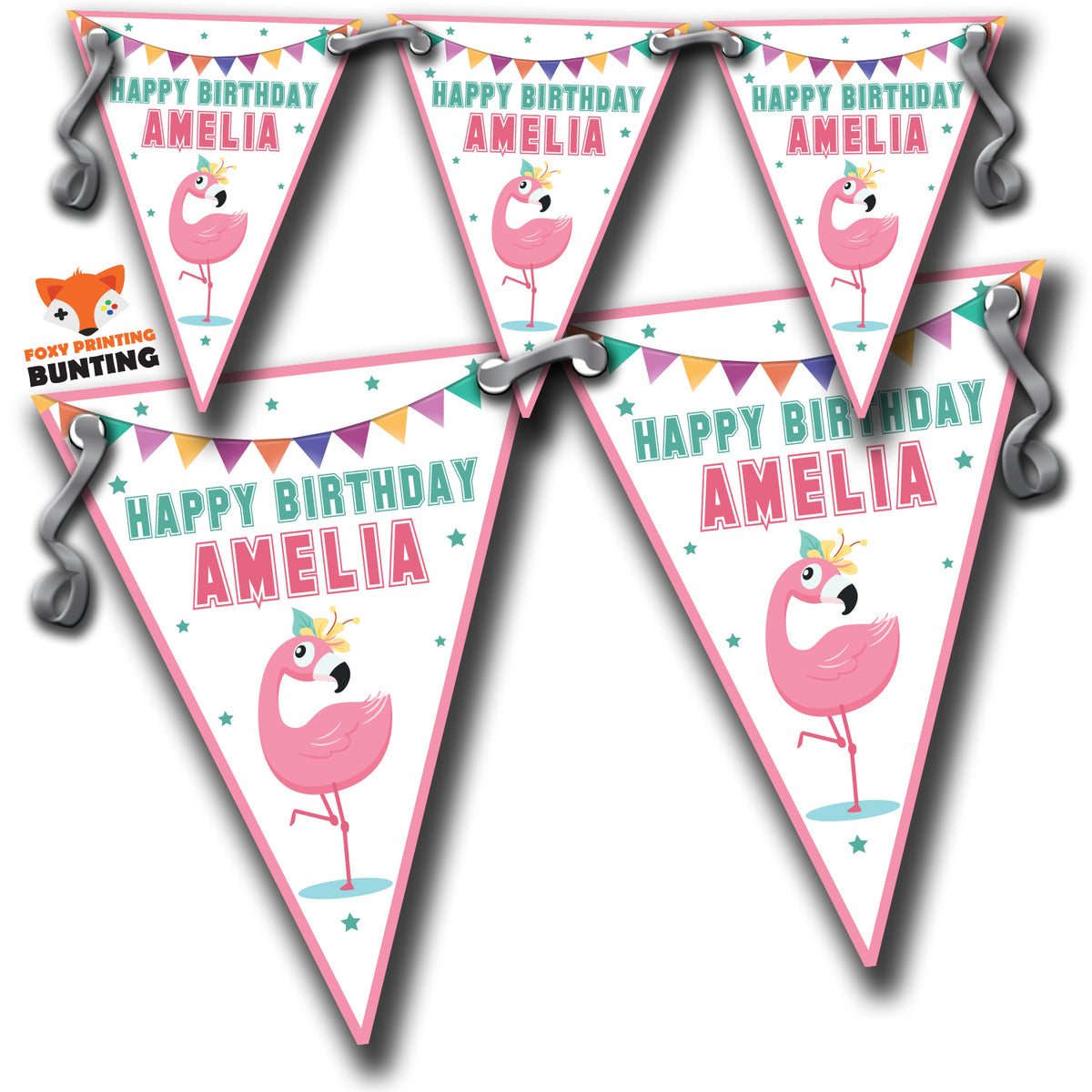 S020 BUNTING FLAMINGO Personalised Custom Bunting Premium Party Decorations  (Standard Bunting (14.8cm X 21cm)) – S020 Bunting Flamingo Personalised Custom Bunting