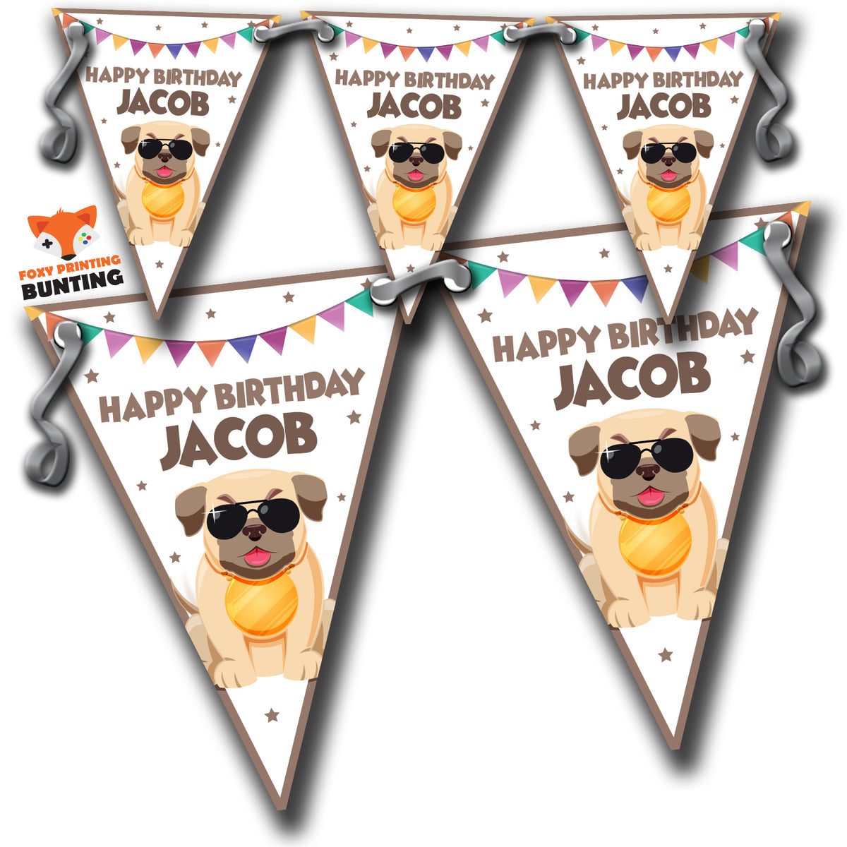 S022 BUNTING PUG DOG Personalised Custom Bunting Premium Party Decorations  (Standard Bunting (14.8cm X 21cm)) – S022 Bunting PUG DOG Personalised Custom Bunting