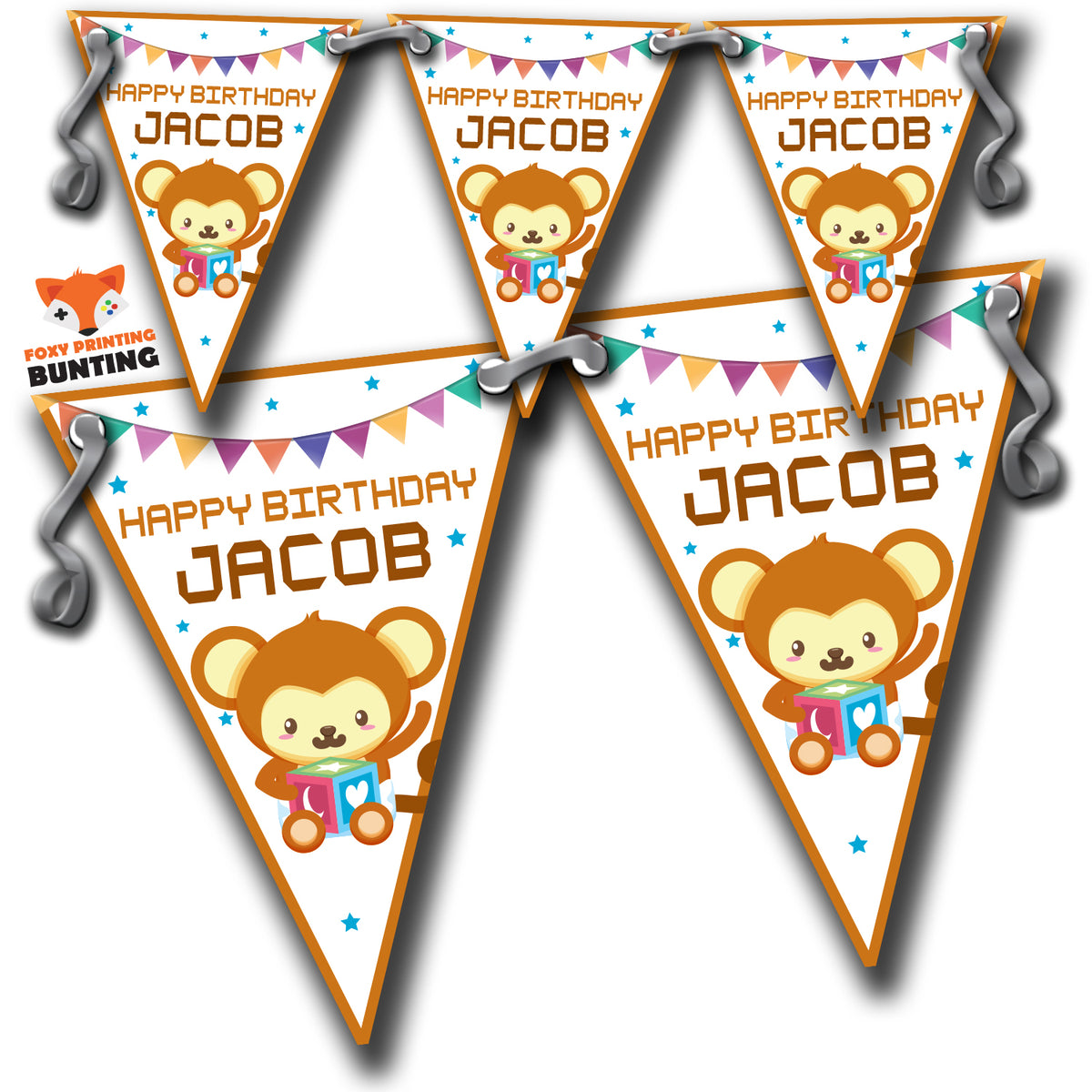 S027 BUNTING BABY MONKEY Personalised Custom Bunting Premium Party Decorations  (Standard Bunting (14.8cm X 21cm)) – S027 Bunting Baby Monkey Personalised Custom Bunting
