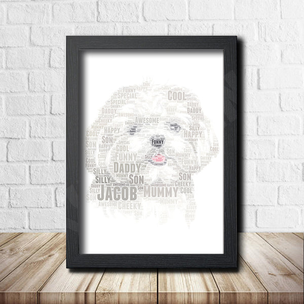 Personalised Shih Tzu word art print in a black frame