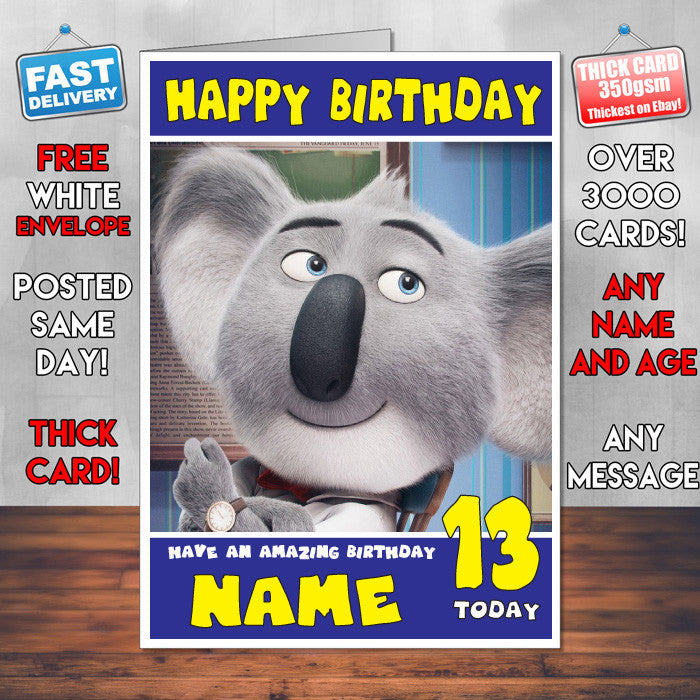 SING BUSTER MOON SJ THEME INSPIRED Style PERSONALISED Kids Adult FUNNY Birthday Card