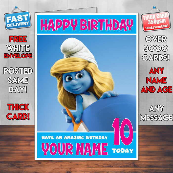 SMURFS 2 BM1 THEME INSPIRED Style PERSONALISED Kids Adult FUNNY Birthday Card