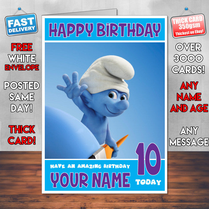 SMURFS BM1 THEME INSPIRED Style PERSONALISED Kids Adult FUNNY Birthday Card