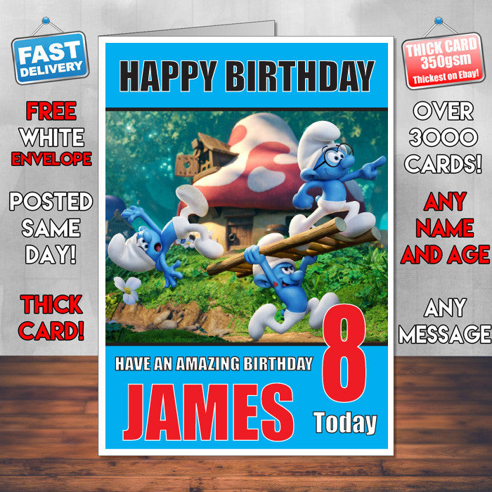 SMURFS BM THEME INSPIRED Style PERSONALISED Kids Adult FUNNY Birthday Card