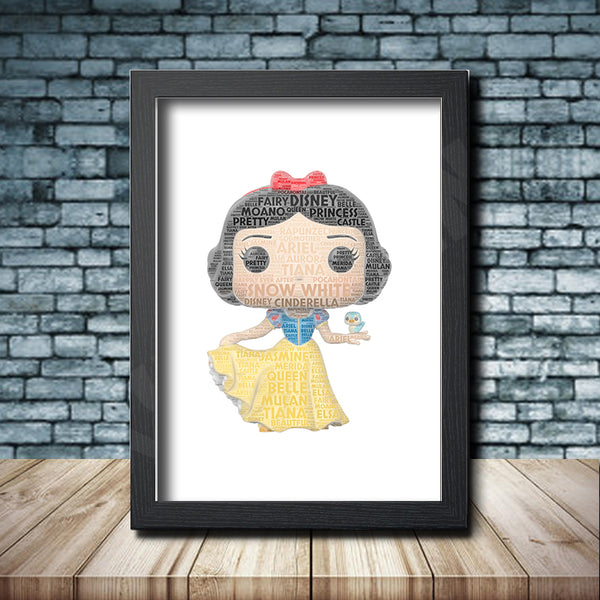 Personalised pop figure word art print inspired by Snow White in a black frame