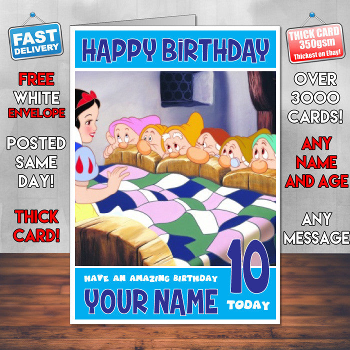 SNOW WIHTE SEVEN DWARFS BM 1 THEME INSPIRED Style PERSONALISED Kids Adult FUNNY Birthday Card