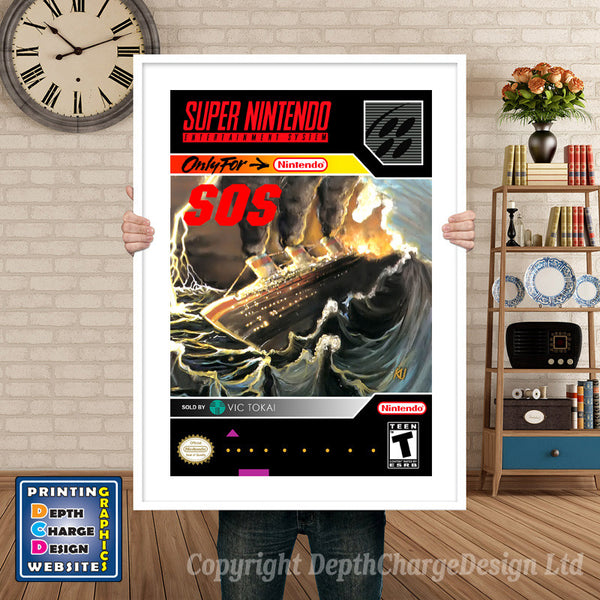 Sos Super Nintendo Game Inspired Theme Retro Gaming Poster