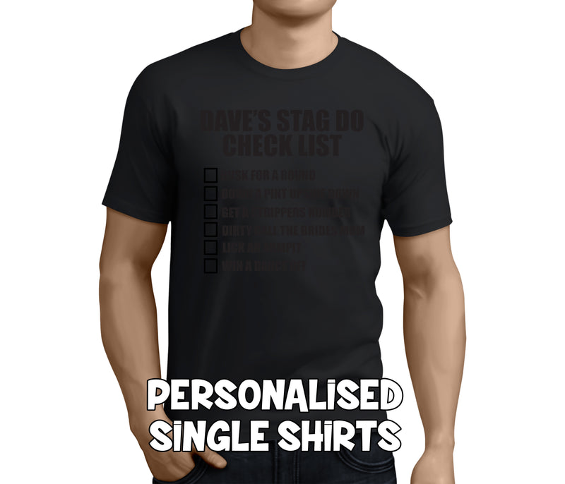 Stag Do Checklist Black Custom Stag T-Shirt - Any Name - Party Tee