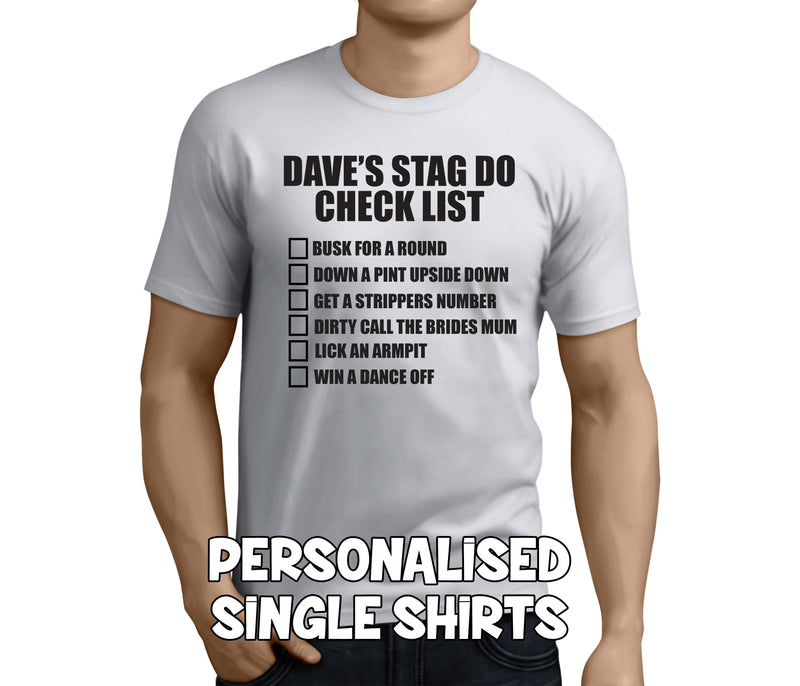 Stag Do Checklist Black Custom Stag T-Shirt - Any Name - Party Tee