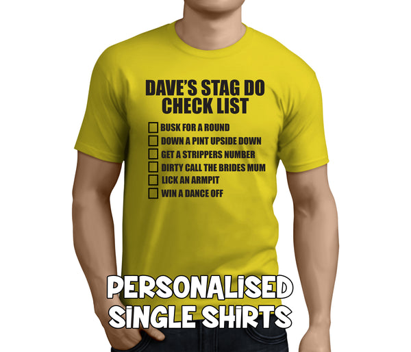 Stag Do Checklist Black Custom Stag T-Shirt - Any Name - Party Tee