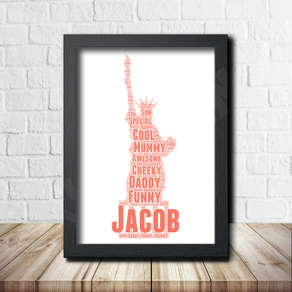 Personalised Statue of Liberty word art print in a black frame