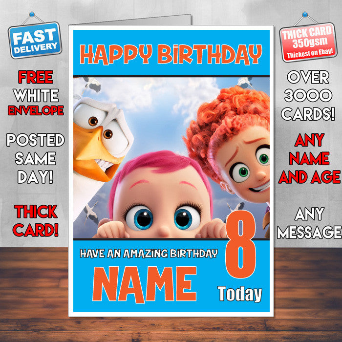 STORKS JUNIOR BABY TULIP BM2 THEME INSPIRED Style PERSONALISED Kids Adult FUNNY Birthday Card