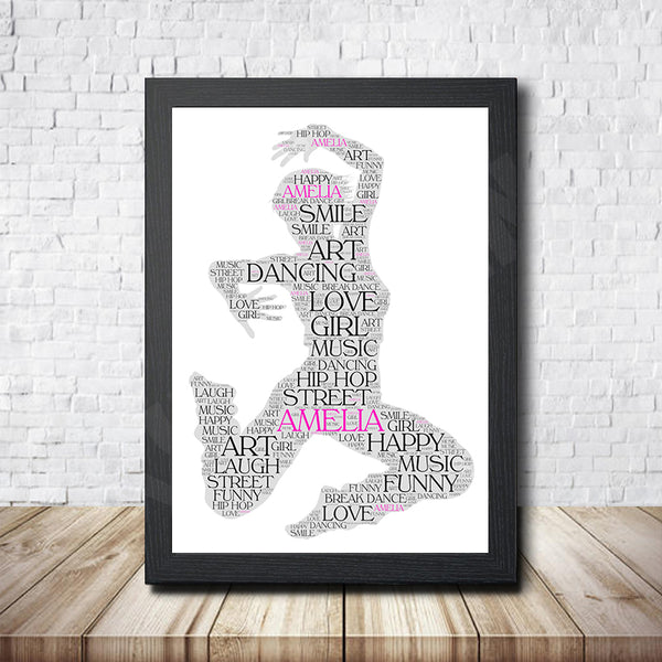 Personalised street dancer word art print in a black frame
