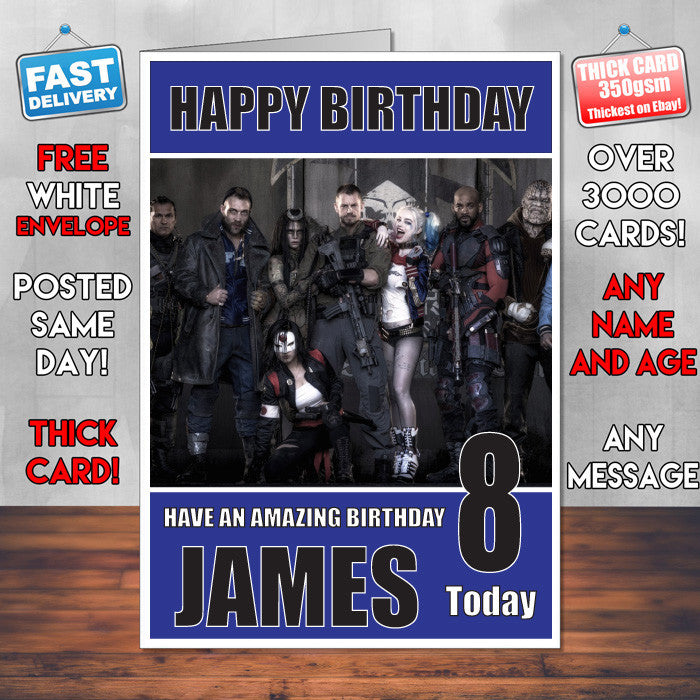 SUICIDE SQUAD GROUP BM THEME INSPIRED Style PERSONALISED Kids Adult FUNNY Birthday Card