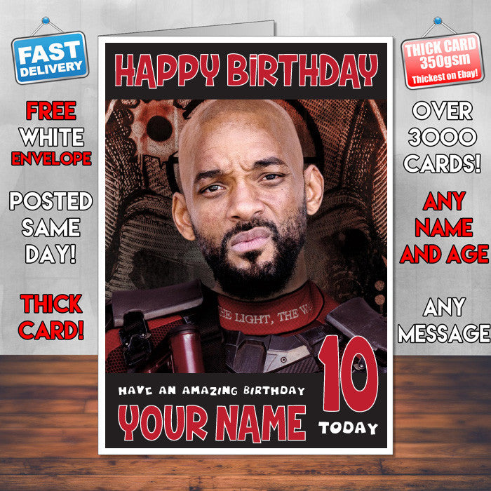 SUICIDE SQUAG DEATH SHOT BM2 THEME INSPIRED Style PERSONALISED Kids Adult FUNNY Birthday Card