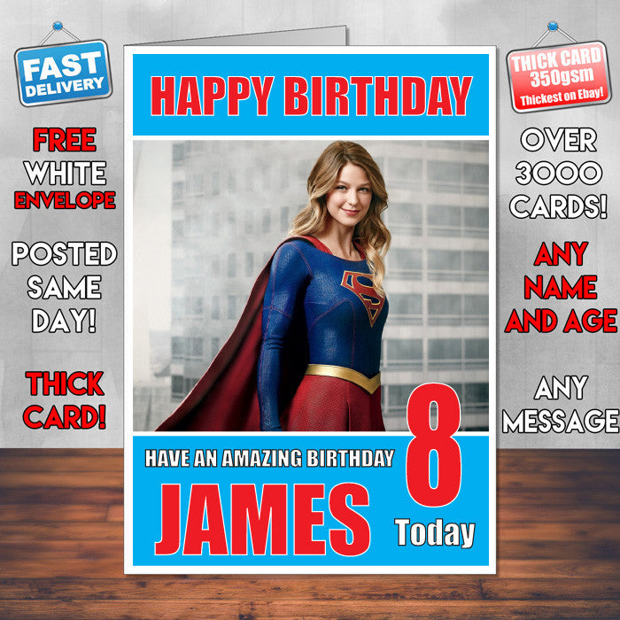 SUPERGIRL BM1 THEME INSPIRED Style PERSONALISED Kids Adult FUNNY Birthday Card