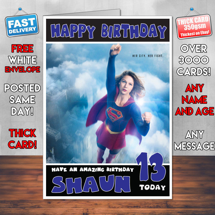 SUPERGIRL SJ THEME INSPIRED Style PERSONALISED Kids Adult FUNNY Birthday Card