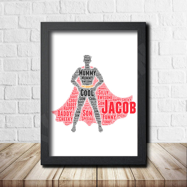 Personalised superhero word art print in a black frame