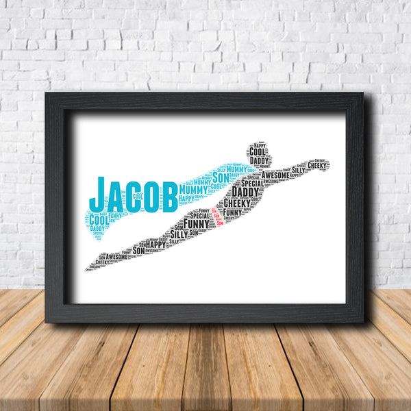 Personalised superhero word art print in a black frame