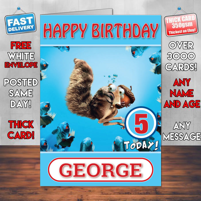 Scrat In Ice Age Theme Style Personalised Kids Inspired Movie Birthday Card (SA)