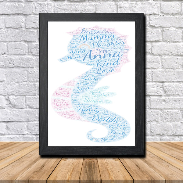 Personalised seahorse word art print in a black frame