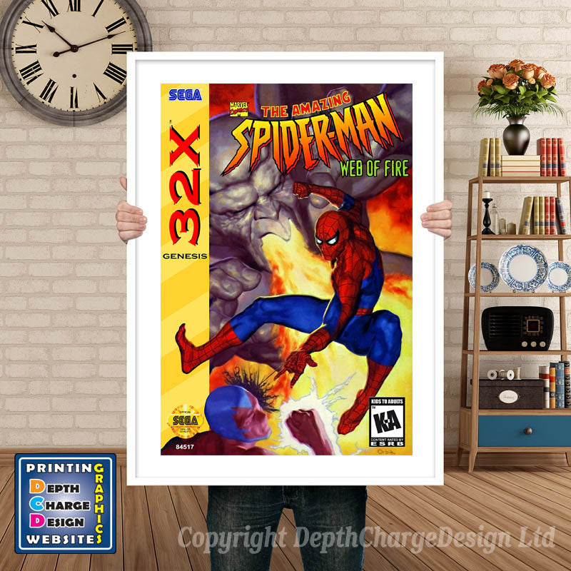 Sega 32x Spiderman Web On Fire Sega 32x GAME INSPIRED THEME Retro Gaming Poster A4 A3 A2 A1