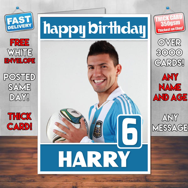 Sergio Aguero Theme Inspired Kids Inspired Adult Personalised Sports Birthday Card (SA)
