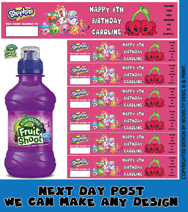 Shopkins Pink Inspired Theme Personalised Party Fruit Shoot Label Sticker