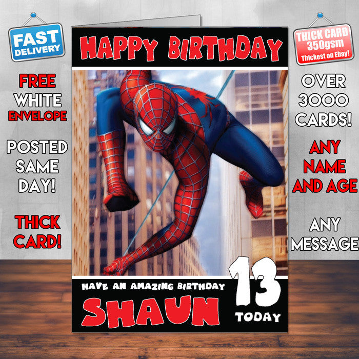 Spiderman SJ THEME INSPIRED Style PERSONALISED Kids Adult FUNNY Birthday Card