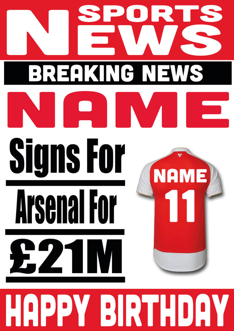 Signed For Arsenal FOOTBALL TEAM THEME INSPIRED PERSONALISED Kids Adult Birthday Card
