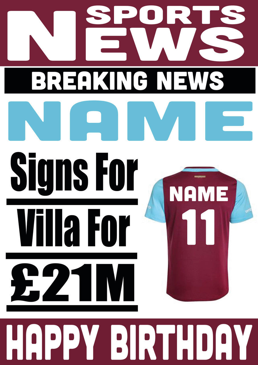 Signed For Aston Villa FOOTBALL TEAM THEME INSPIRED PERSONALISED Kids Adult Birthday Card