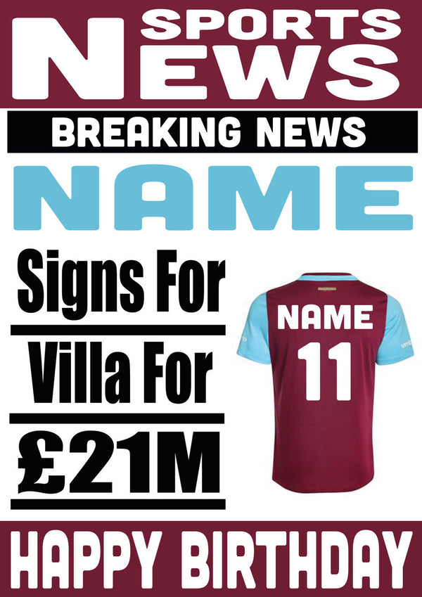 Signed For Aston Villa FOOTBALL TEAM THEME INSPIRED PERSONALISED Kids Adult Birthday Card