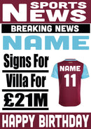 Signed For Aston Villa FOOTBALL TEAM THEME INSPIRED PERSONALISED Kids Adult Birthday Card