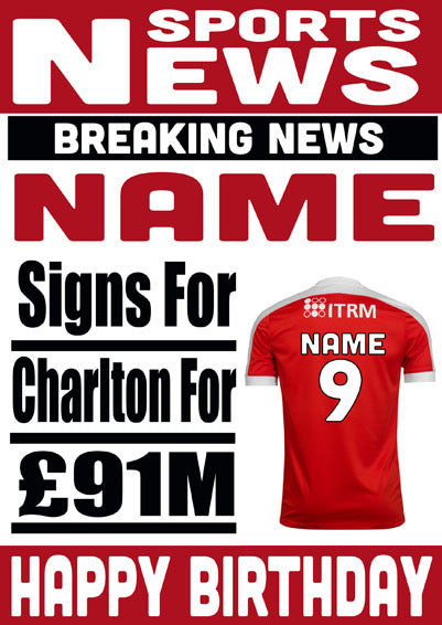 Signed For Charlton FOOTBALL TEAM THEME INSPIRED PERSONALISED Kids Adult Birthday Card