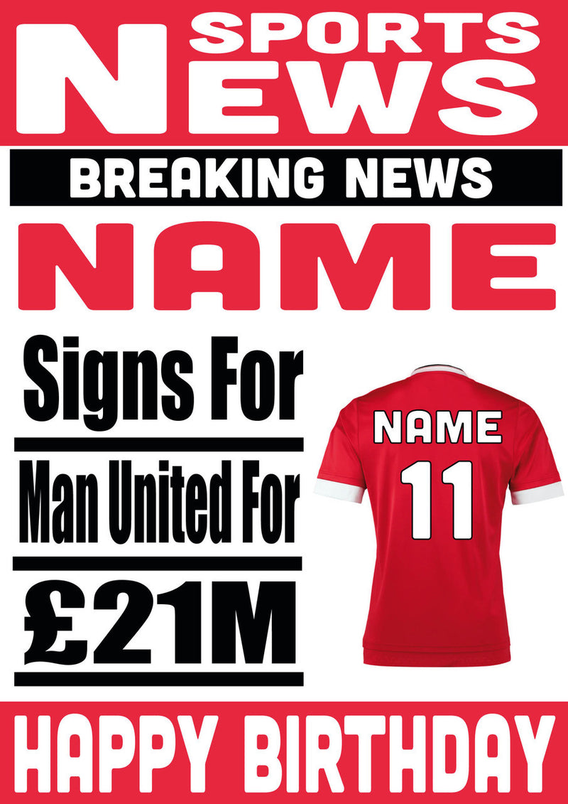 Signed For Man United FOOTBALL TEAM THEME INSPIRED PERSONALISED Kids Adult Birthday Card