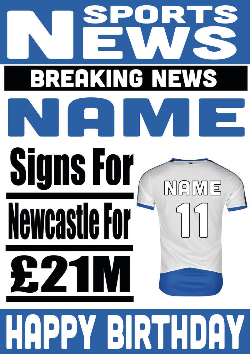 Signed For Newcastle United FOOTBALL TEAM THEME INSPIRED PERSONALISED Kids Adult Birthday Card