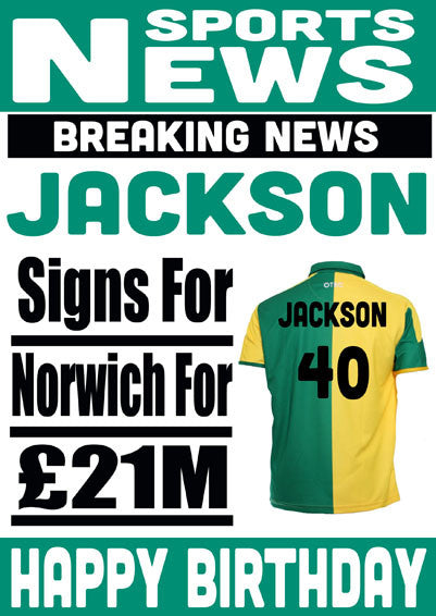 Signed For Norwich FOOTBALL TEAM THEME INSPIRED PERSONALISED Kids Adult Birthday Card