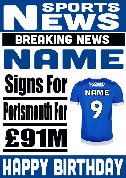 Signed For Portsmouth FOOTBALL TEAM THEME INSPIRED PERSONALISED Kids Adult Birthday Card