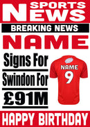 Signed For Swindon FOOTBALL TEAM THEME INSPIRED PERSONALISED Kids Adult Birthday Card