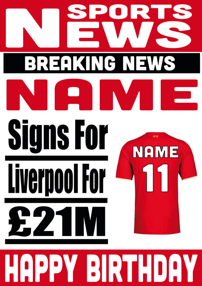 Signed For Liverpool FOOTBALL TEAM THEME INSPIRED PERSONALISED Kids Adult Birthday Card