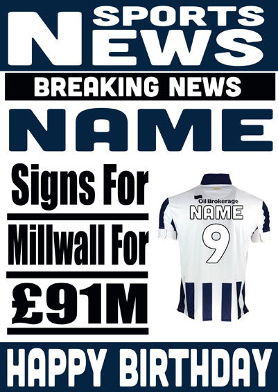 Signed For Millwall FOOTBALL TEAM THEME INSPIRED PERSONALISED Kids Adult Birthday Card