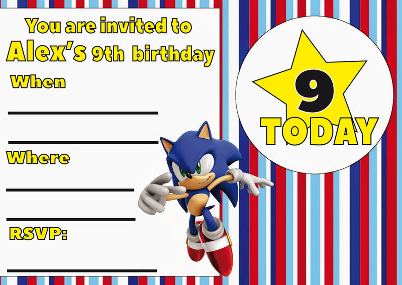 10 X Personalised Printed Boys Sonic The Hedgehog INSPIRED STYLE Invites
